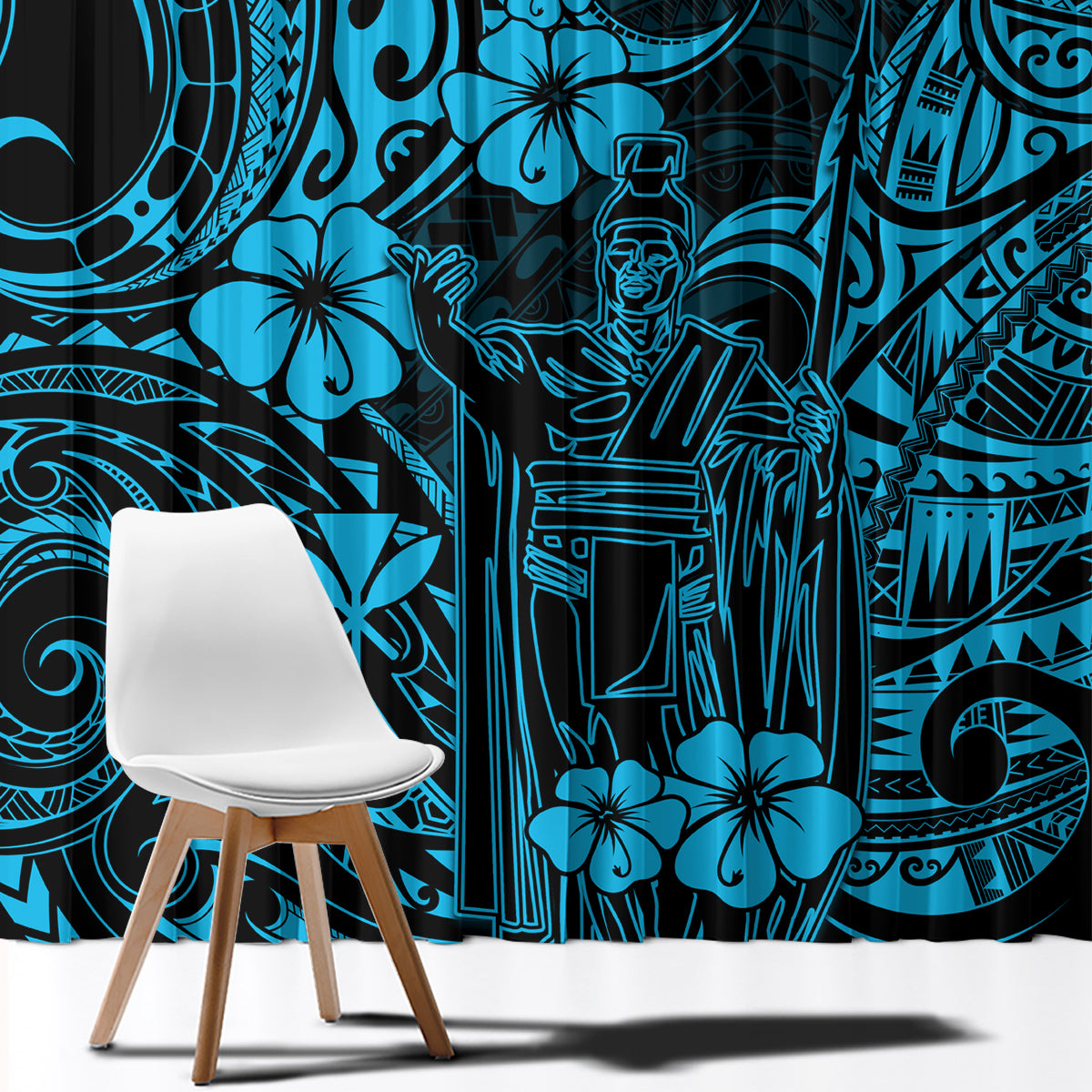 Hawaii King Kamehameha Window Curtain Polynesian Pattern Sky Blue Version - Wonder Print Shop