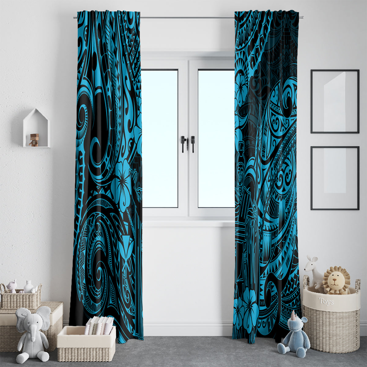 Hawaii King Kamehameha Window Curtain Polynesian Pattern Sky Blue Version - Wonder Print Shop