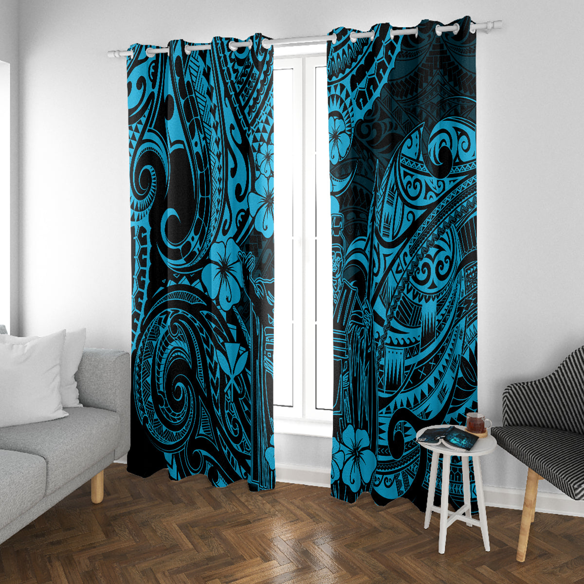 Hawaii King Kamehameha Window Curtain Polynesian Pattern Sky Blue Version - Wonder Print Shop