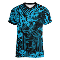Hawaii King Kamehameha Women V Neck T Shirt Polynesian Pattern Sky Blue Version - Wonder Print Shop