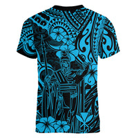 Hawaii King Kamehameha Women V Neck T Shirt Polynesian Pattern Sky Blue Version - Wonder Print Shop