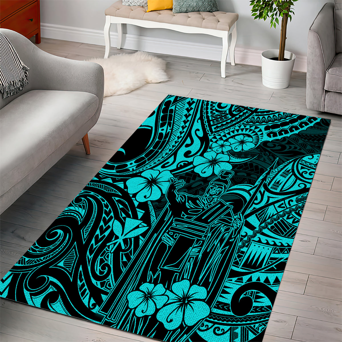 Hawaii King Kamehameha Area Rug Polynesian Pattern Turquoise Version - Wonder Print Shop