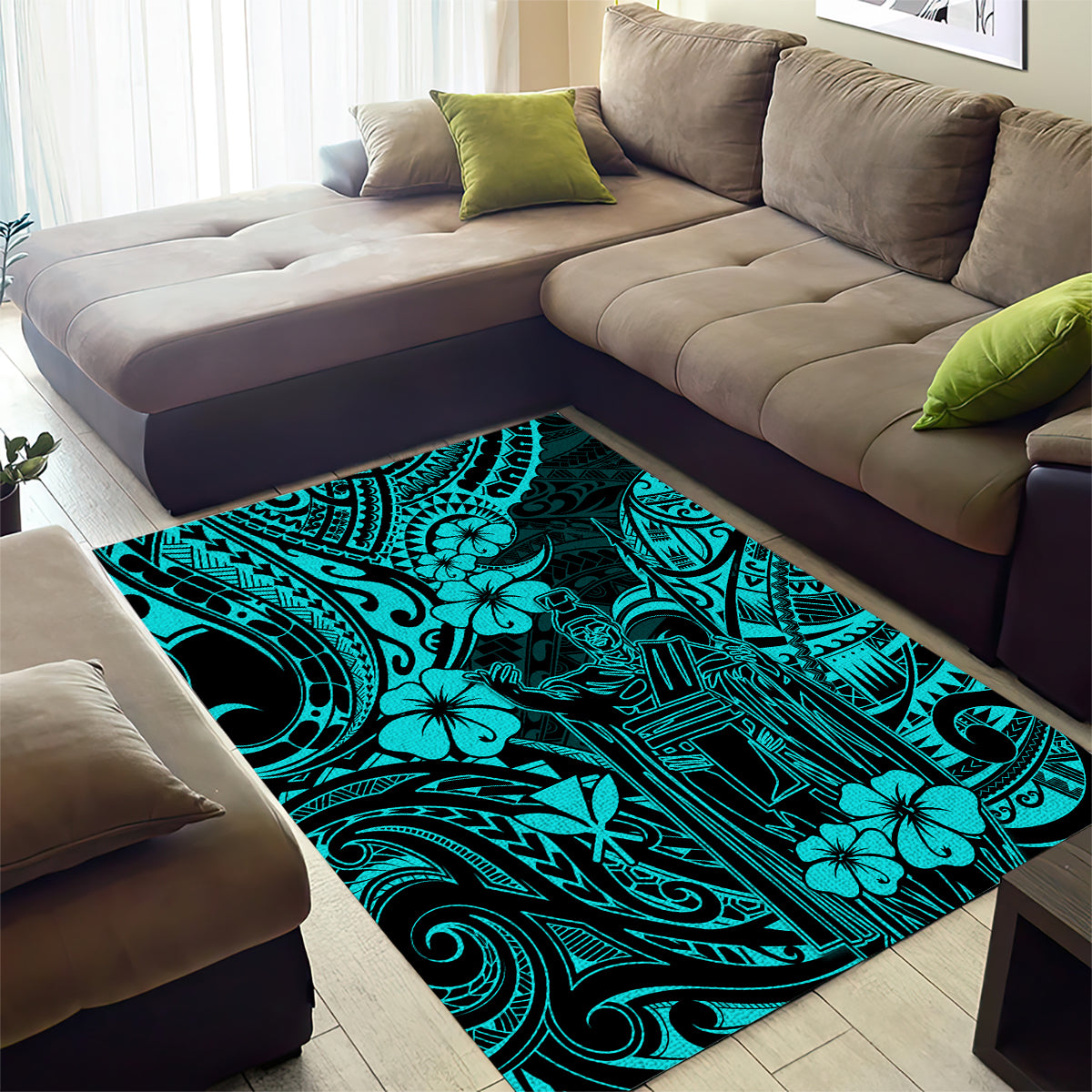 Hawaii King Kamehameha Area Rug Polynesian Pattern Turquoise Version - Wonder Print Shop