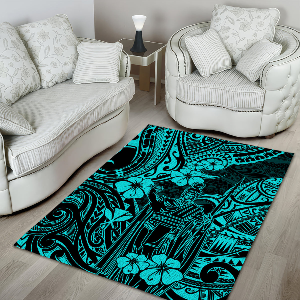 Hawaii King Kamehameha Area Rug Polynesian Pattern Turquoise Version - Wonder Print Shop