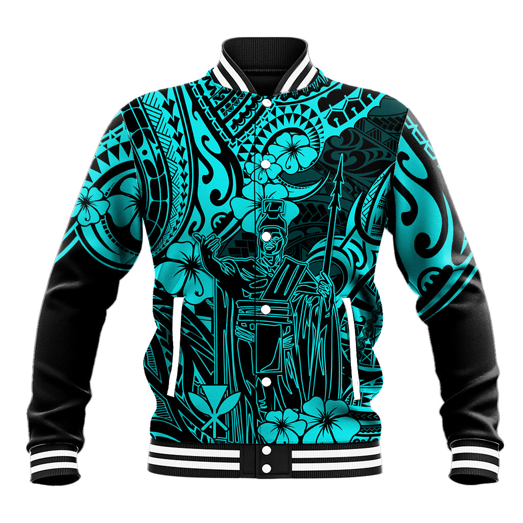 Hawaii King Kamehameha Baseball Jacket Polynesian Pattern Turquoise Version - Wonder Print Shop