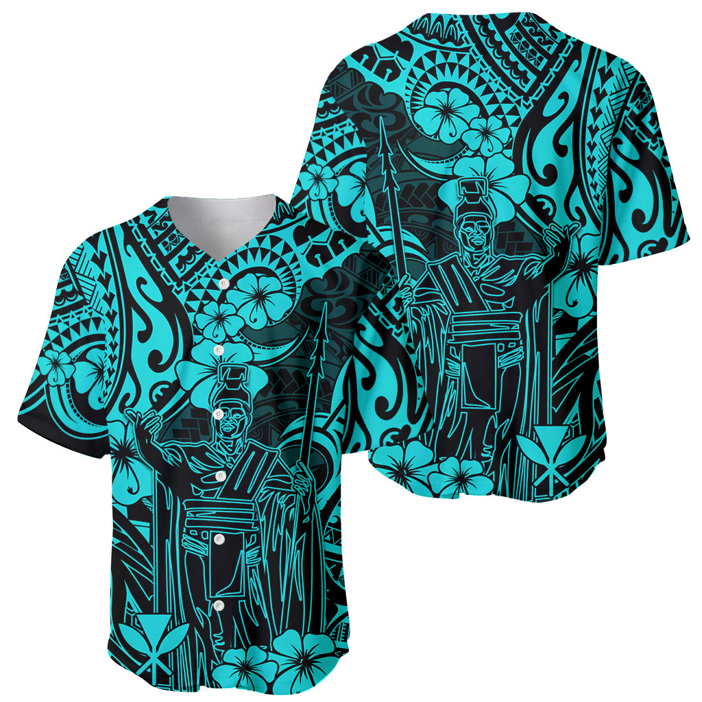 Hawaii King Kamehameha Baseball Jersey Polynesian Pattern Turquoise Version - Wonder Print Shop