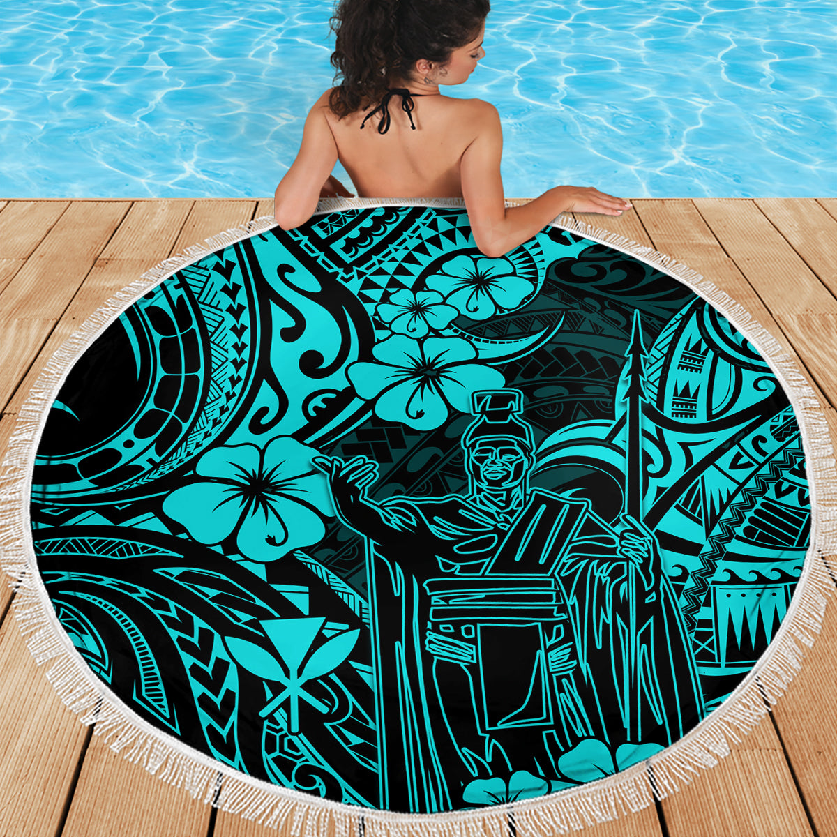 Hawaii King Kamehameha Beach Blanket Polynesian Pattern Turquoise Version - Wonder Print Shop