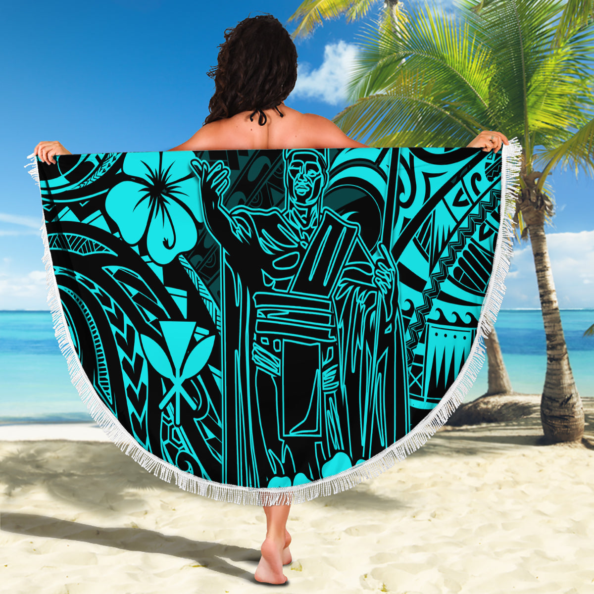 Hawaii King Kamehameha Beach Blanket Polynesian Pattern Turquoise Version - Wonder Print Shop