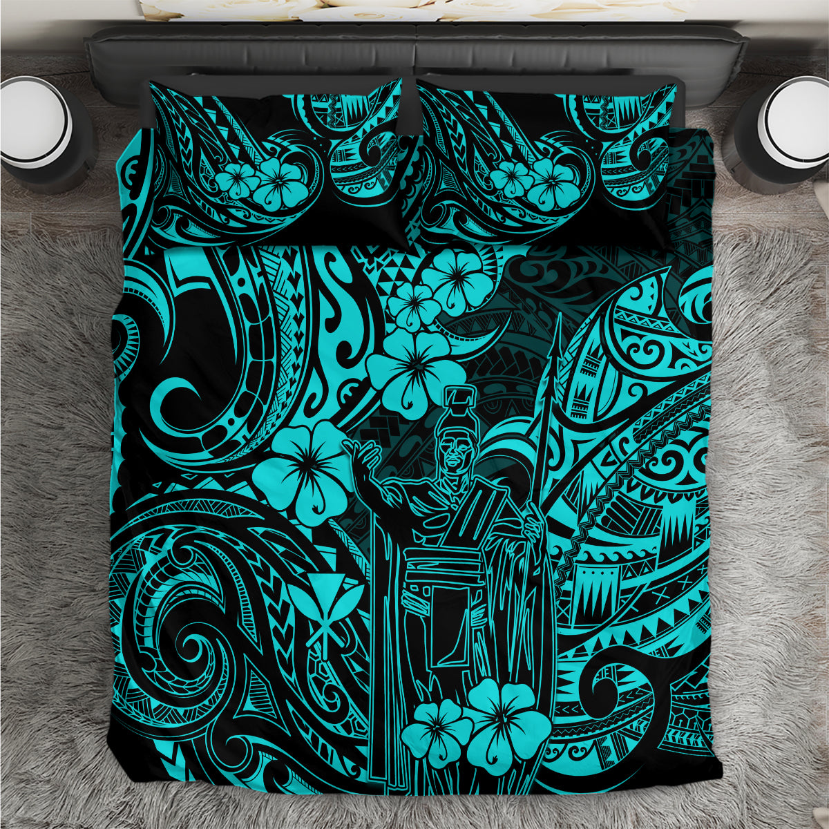 Hawaii King Kamehameha Bedding Set Polynesian Pattern Turquoise Version - Wonder Print Shop
