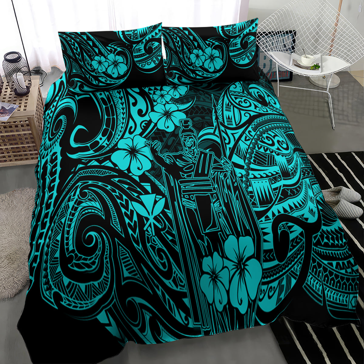 Hawaii King Kamehameha Bedding Set Polynesian Pattern Turquoise Version - Wonder Print Shop
