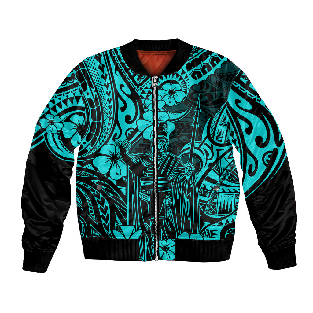 Hawaii King Kamehameha Bomber Jacket Polynesian Pattern Turquoise Version - Wonder Print Shop