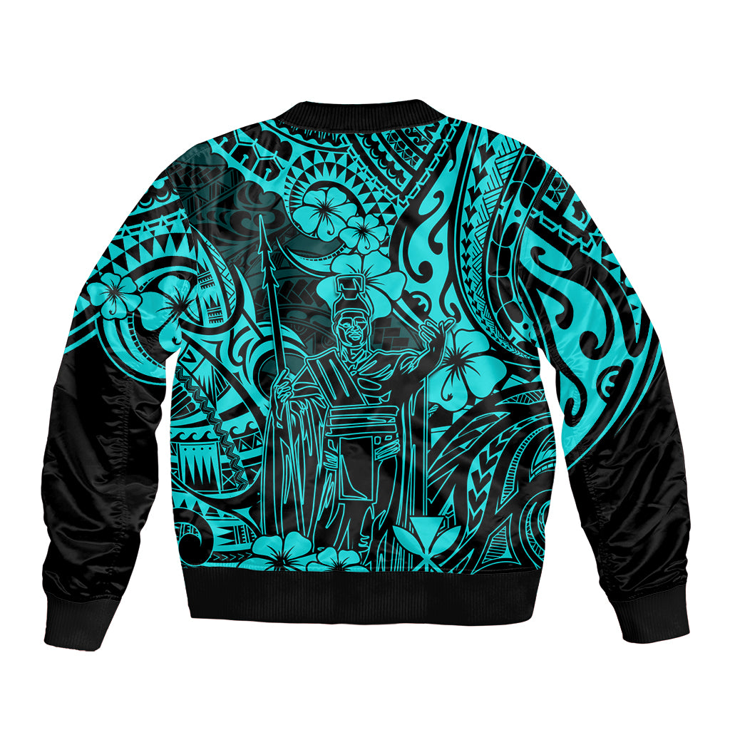 Hawaii King Kamehameha Bomber Jacket Polynesian Pattern Turquoise Version - Wonder Print Shop