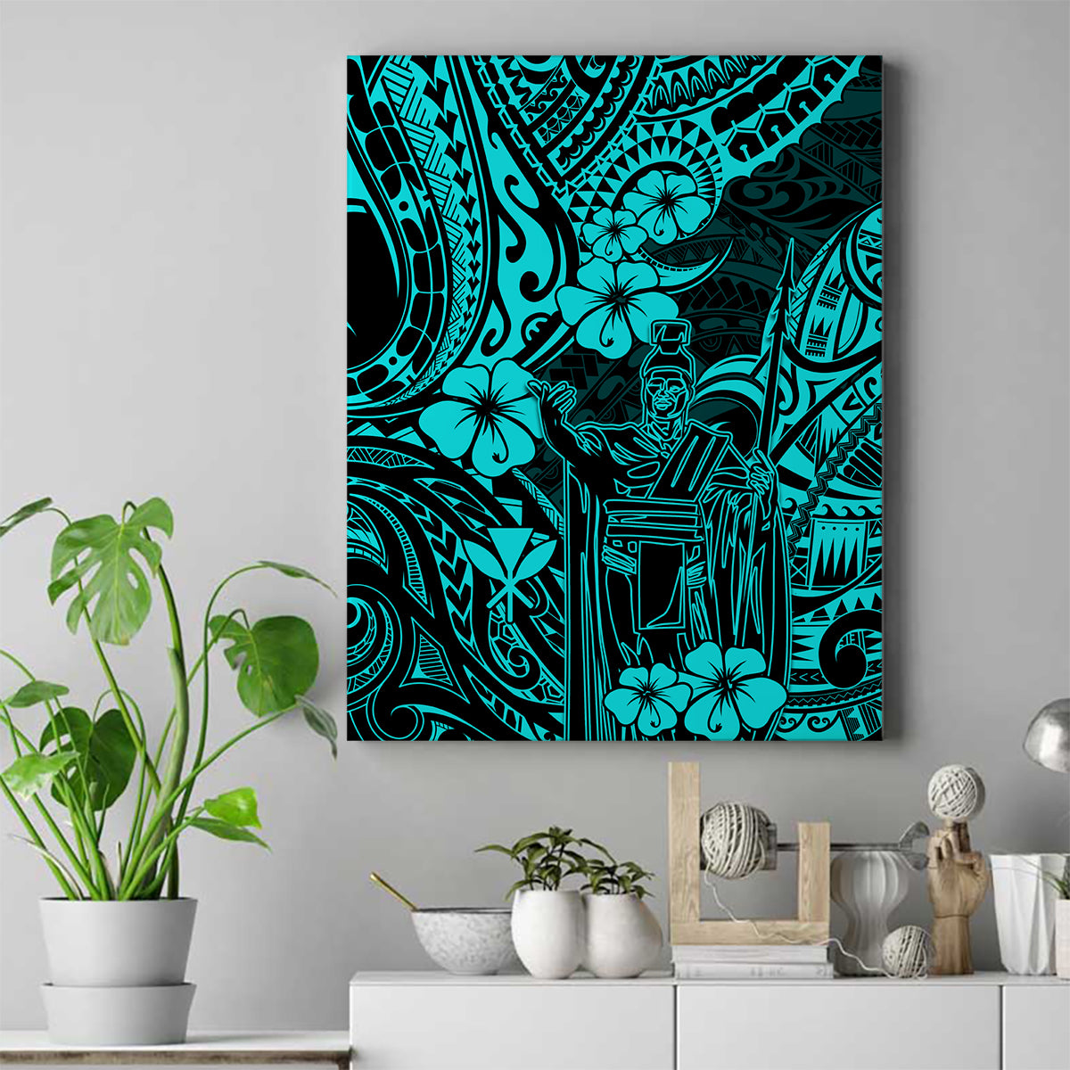 Hawaii King Kamehameha Canvas Wall Art Polynesian Pattern Turquoise Version - Wonder Print Shop