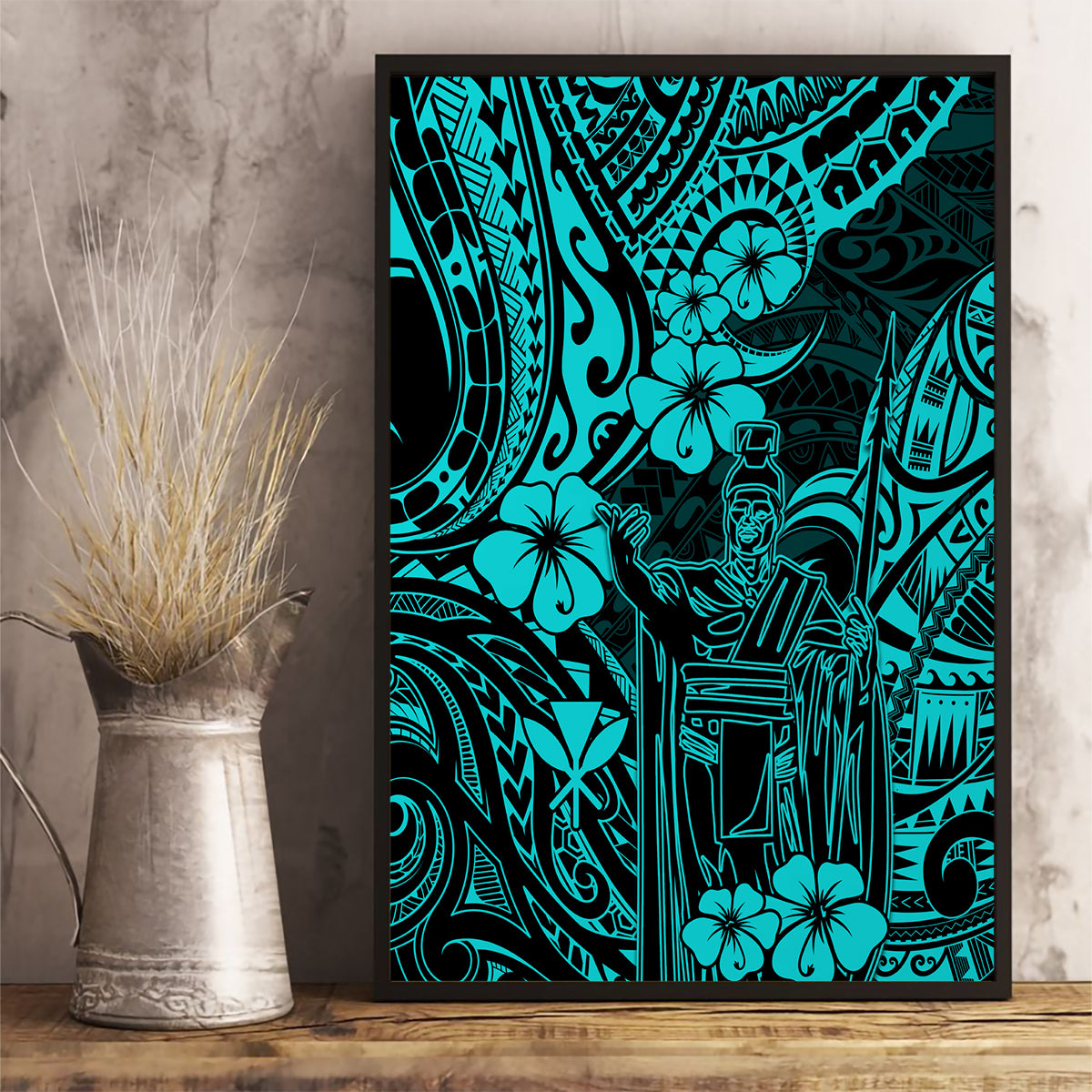 Hawaii King Kamehameha Canvas Wall Art Polynesian Pattern Turquoise Version - Wonder Print Shop