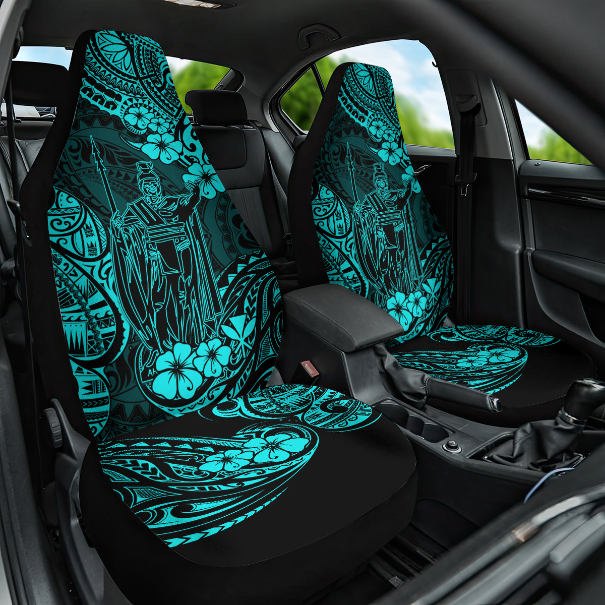Hawaii King Kamehameha Car Seat Cover Polynesian Pattern Turquoise Version - Wonder Print Shop