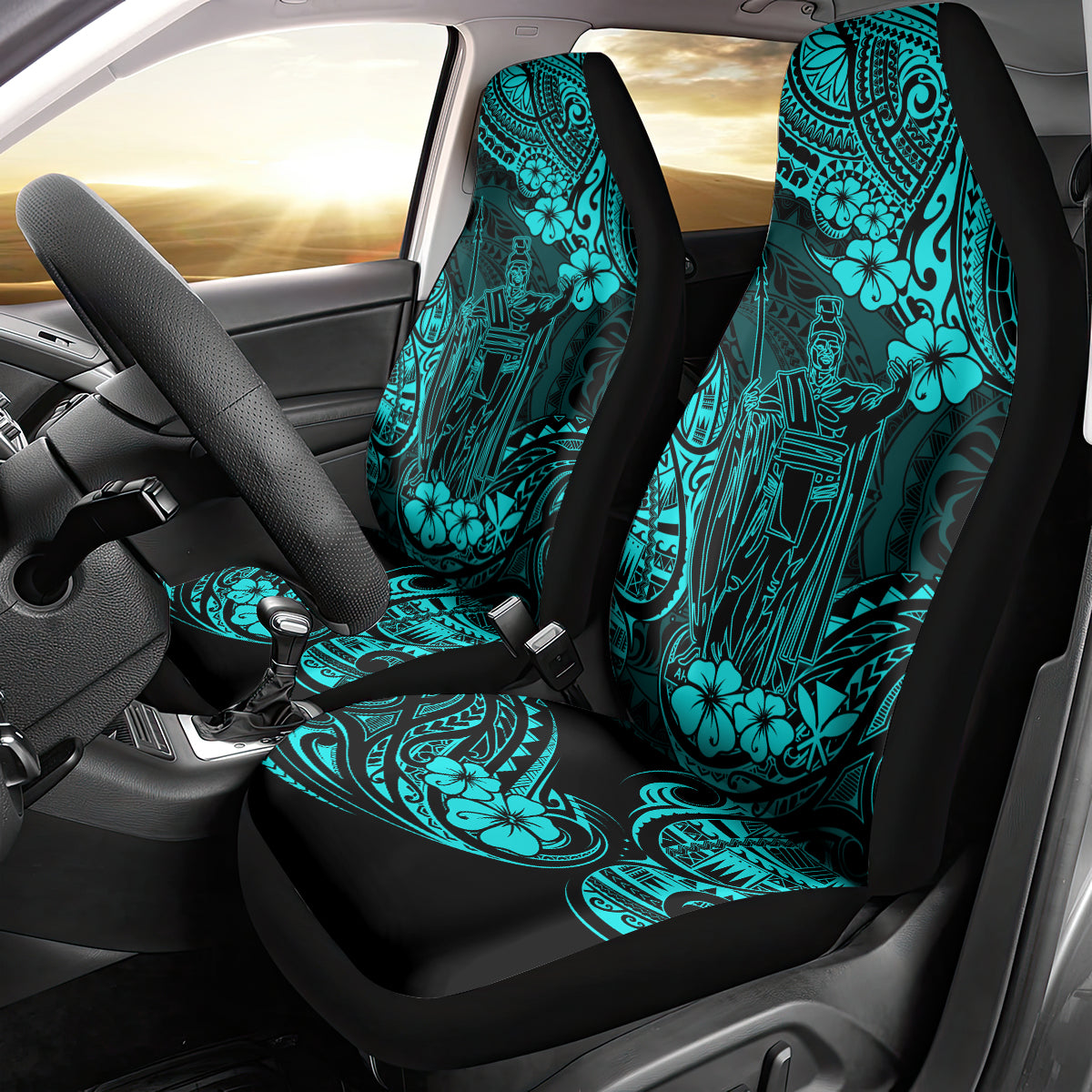 Hawaii King Kamehameha Car Seat Cover Polynesian Pattern Turquoise Version - Wonder Print Shop
