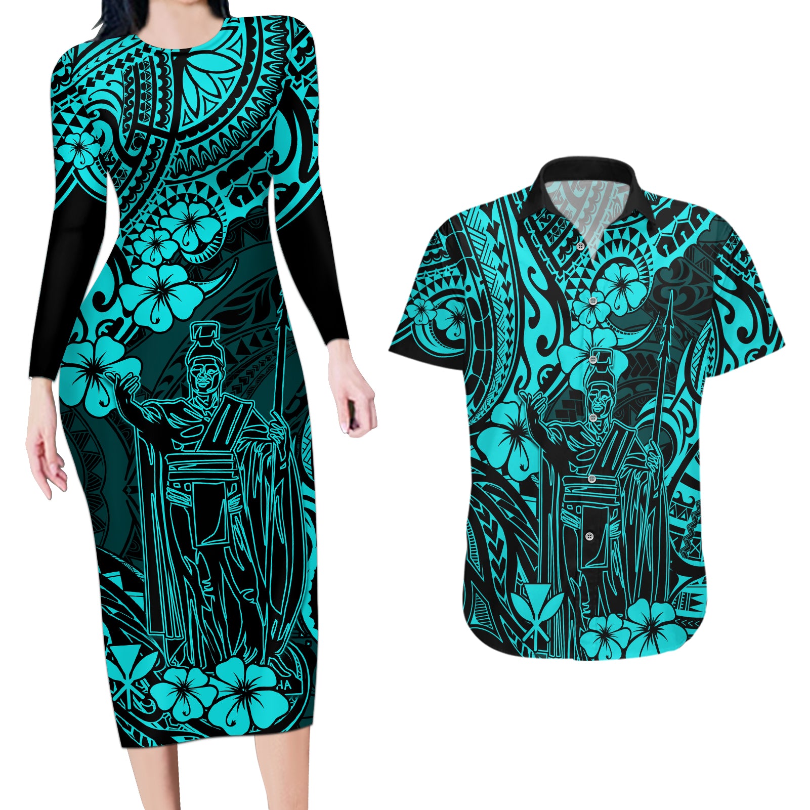 Hawaii King Kamehameha Couples Matching Long Sleeve Bodycon Dress and Hawaiian Shirt Polynesian Pattern Turquoise Version - Wonder Print Shop