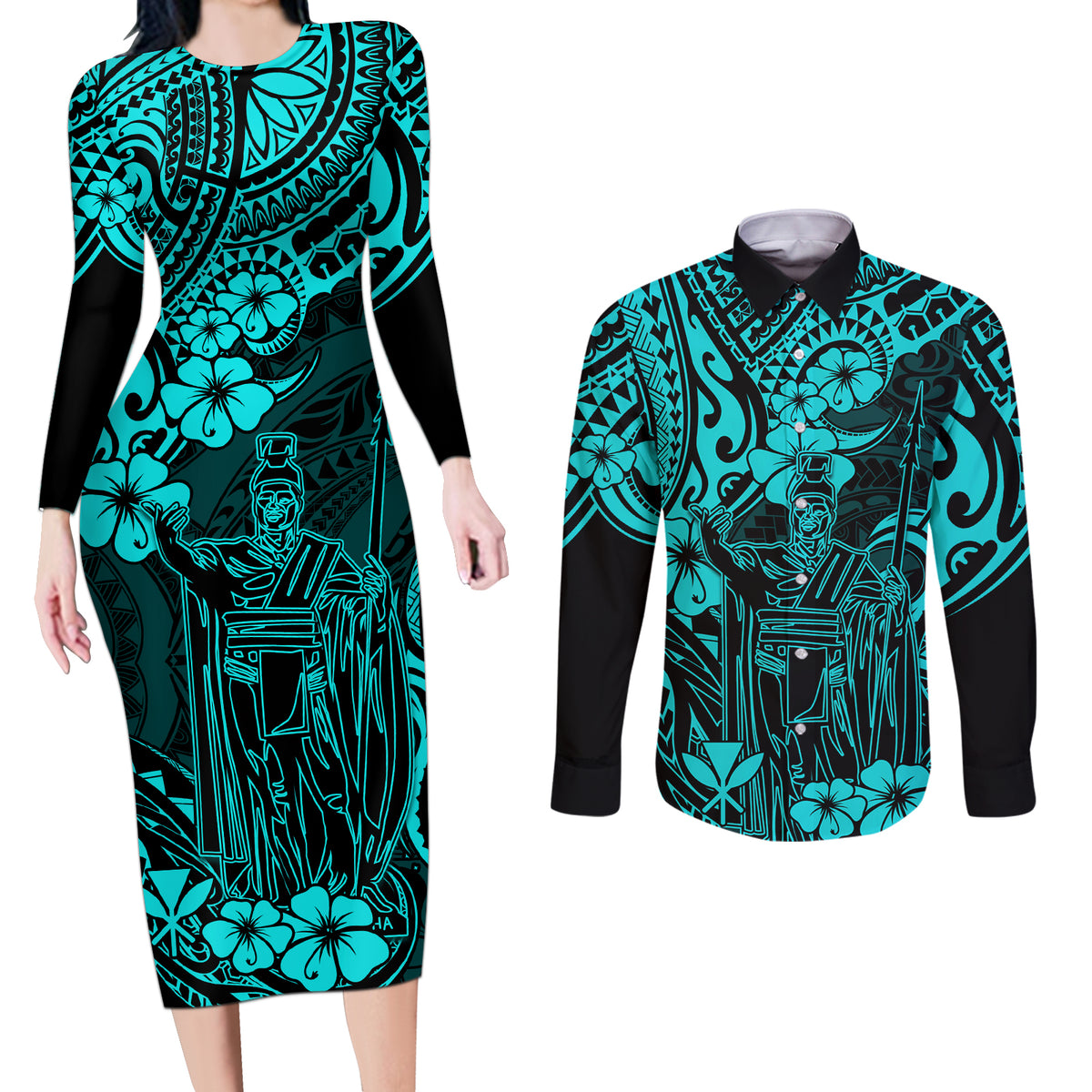 Hawaii King Kamehameha Couples Matching Long Sleeve Bodycon Dress and Long Sleeve Button Shirts Polynesian Pattern Turquoise Version - Wonder Print Shop