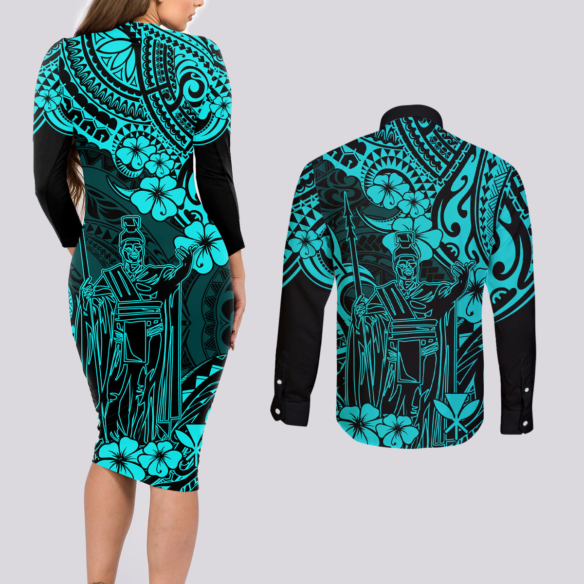 Hawaii King Kamehameha Couples Matching Long Sleeve Bodycon Dress and Long Sleeve Button Shirts Polynesian Pattern Turquoise Version - Wonder Print Shop