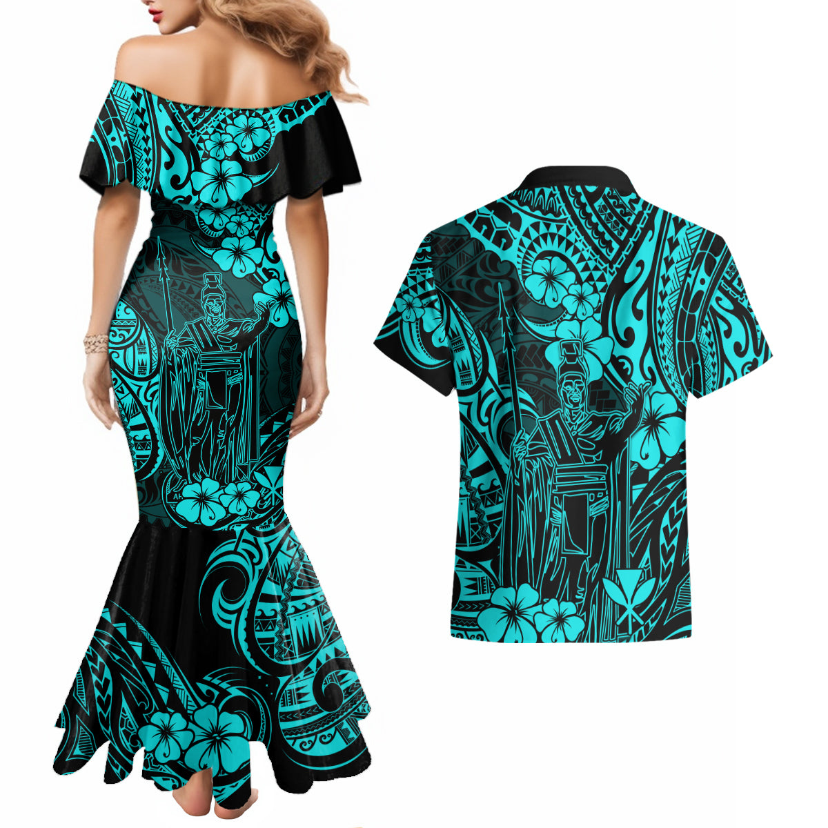 Hawaii King Kamehameha Couples Matching Mermaid Dress and Hawaiian Shirt Polynesian Pattern Turquoise Version - Wonder Print Shop