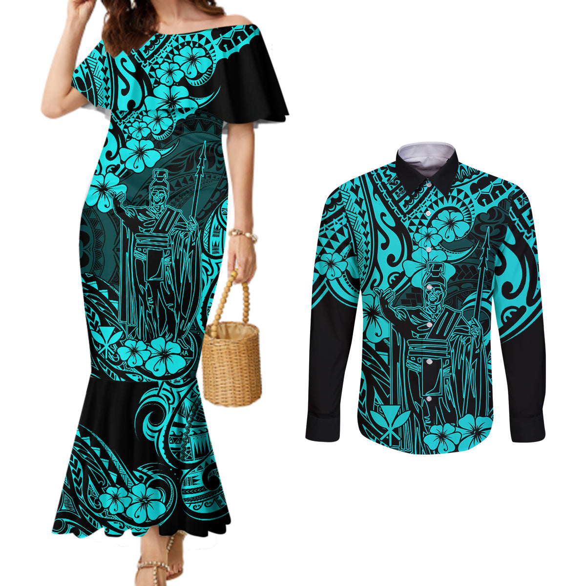 hawaii-king-kamehameha-couples-matching-mermaid-dress-and-long-sleeve-button-shirts-polynesian-pattern-turquoise-version