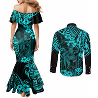 hawaii-king-kamehameha-couples-matching-mermaid-dress-and-long-sleeve-button-shirts-polynesian-pattern-turquoise-version