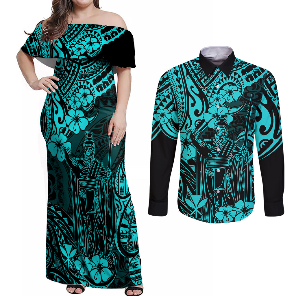 Hawaii King Kamehameha Couples Matching Off Shoulder Maxi Dress and Long Sleeve Button Shirts Polynesian Pattern Turquoise Version - Wonder Print Shop