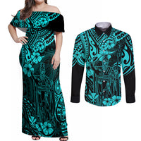 Hawaii King Kamehameha Couples Matching Off Shoulder Maxi Dress and Long Sleeve Button Shirts Polynesian Pattern Turquoise Version - Wonder Print Shop