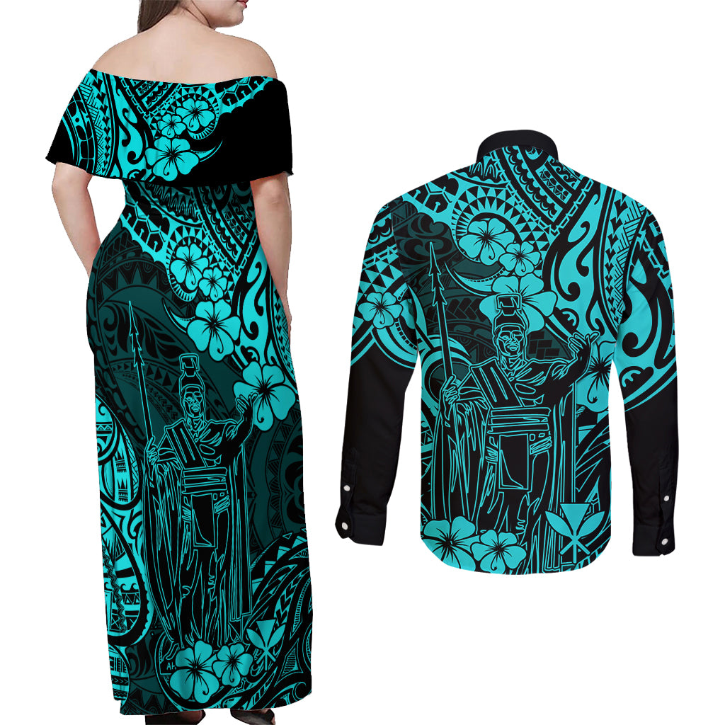 Hawaii King Kamehameha Couples Matching Off Shoulder Maxi Dress and Long Sleeve Button Shirts Polynesian Pattern Turquoise Version - Wonder Print Shop
