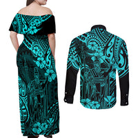 Hawaii King Kamehameha Couples Matching Off Shoulder Maxi Dress and Long Sleeve Button Shirts Polynesian Pattern Turquoise Version - Wonder Print Shop