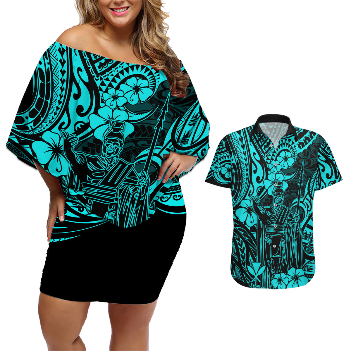 Hawaii King Kamehameha Couples Matching Off Shoulder Short Dress and Hawaiian Shirt Polynesian Pattern Turquoise Version - Wonder Print Shop