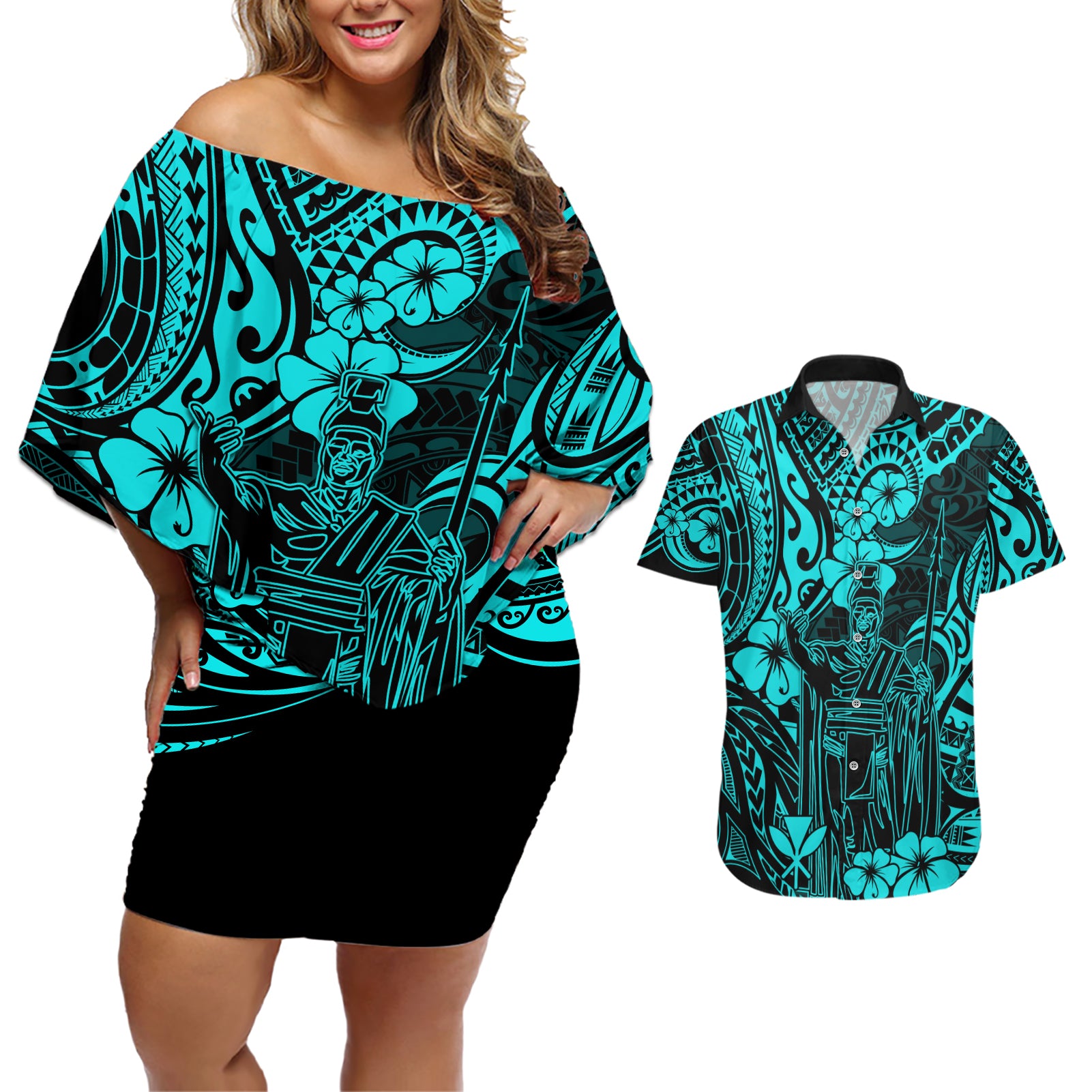 Hawaii King Kamehameha Couples Matching Off Shoulder Short Dress and Hawaiian Shirt Polynesian Pattern Turquoise Version - Wonder Print Shop