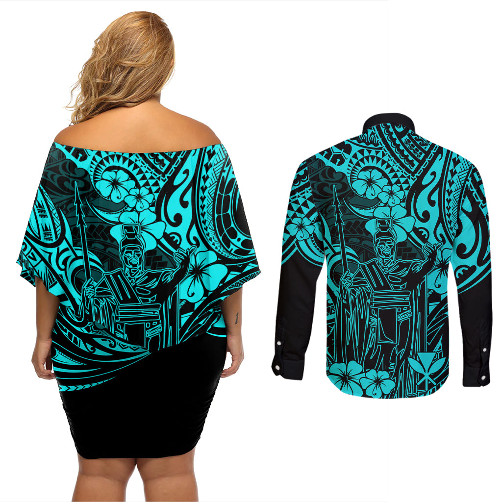Hawaii King Kamehameha Couples Matching Off Shoulder Short Dress and Long Sleeve Button Shirts Polynesian Pattern Turquoise Version - Wonder Print Shop