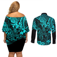 Hawaii King Kamehameha Couples Matching Off Shoulder Short Dress and Long Sleeve Button Shirts Polynesian Pattern Turquoise Version - Wonder Print Shop