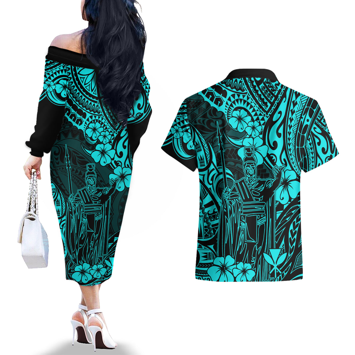 Hawaii King Kamehameha Couples Matching Off The Shoulder Long Sleeve Dress and Hawaiian Shirt Polynesian Pattern Turquoise Version - Wonder Print Shop