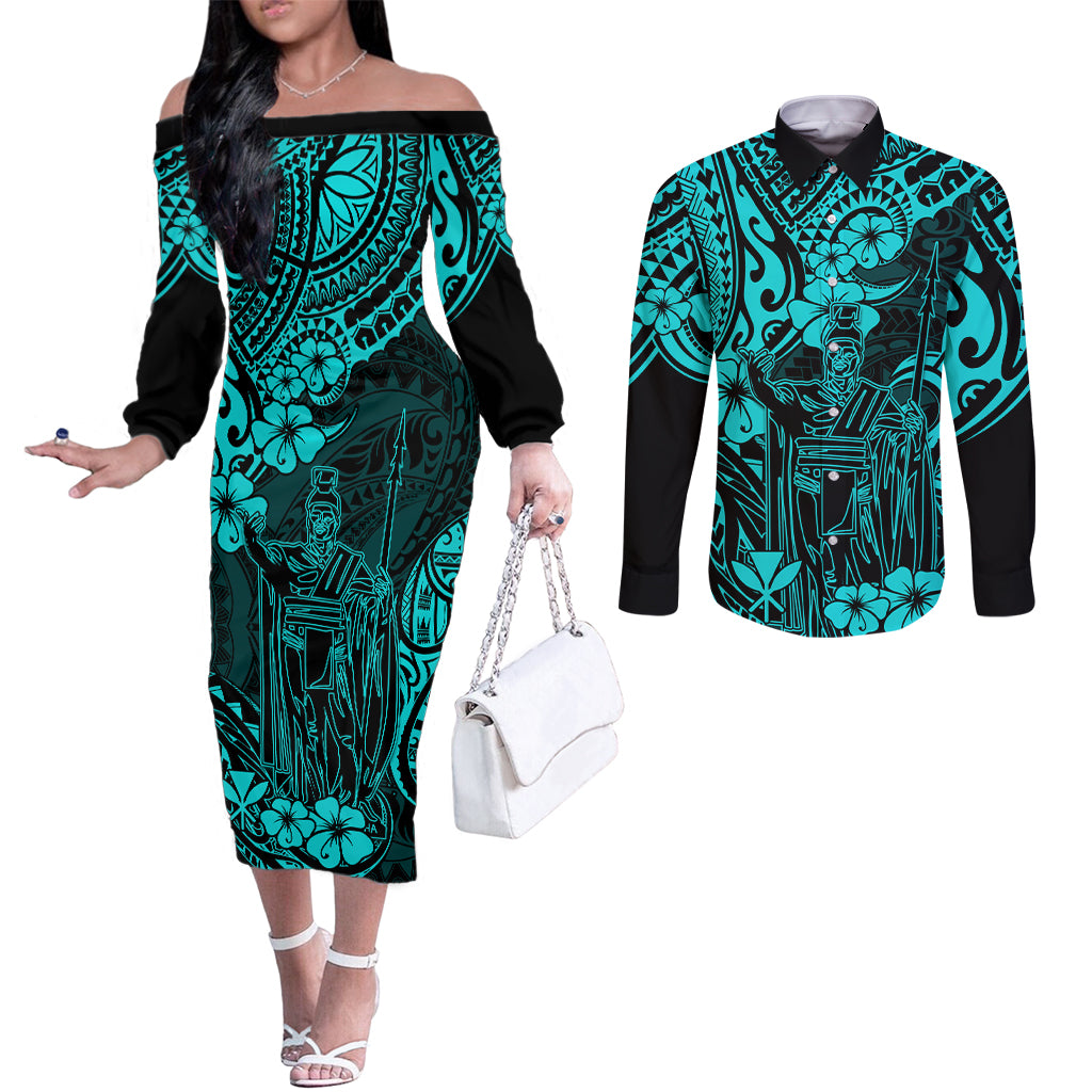 hawaii-king-kamehameha-couples-matching-off-the-shoulder-long-sleeve-dress-and-long-sleeve-button-shirts-polynesian-pattern-turquoise-version