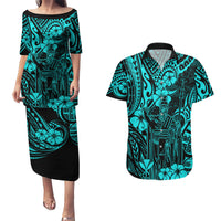 Hawaii King Kamehameha Couples Matching Puletasi Dress and Hawaiian Shirt Polynesian Pattern Turquoise Version - Wonder Print Shop