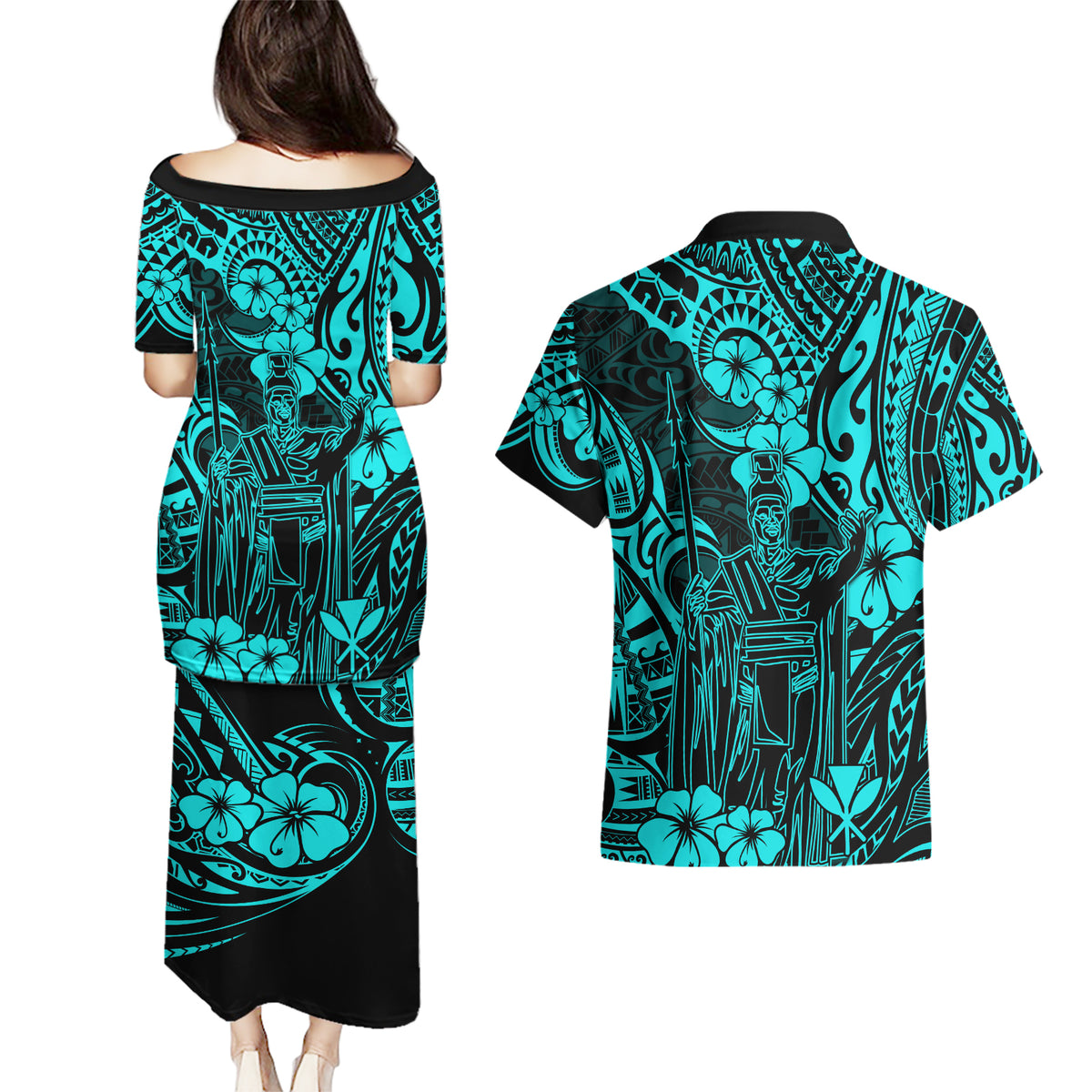 Hawaii King Kamehameha Couples Matching Puletasi Dress and Hawaiian Shirt Polynesian Pattern Turquoise Version - Wonder Print Shop