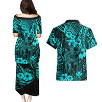 Hawaii King Kamehameha Couples Matching Puletasi Dress and Hawaiian Shirt Polynesian Pattern Turquoise Version - Wonder Print Shop