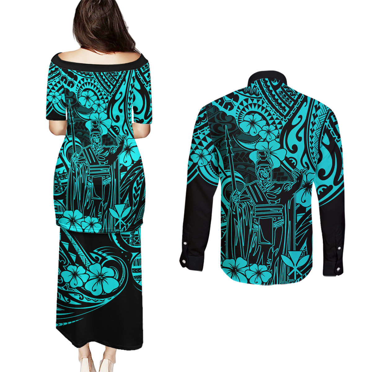 Hawaii King Kamehameha Couples Matching Puletasi Dress and Long Sleeve Button Shirts Polynesian Pattern Turquoise Version - Wonder Print Shop