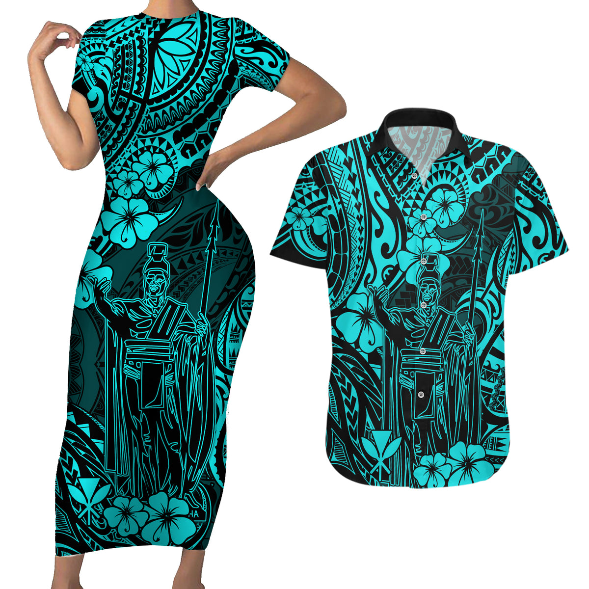 Hawaii King Kamehameha Couples Matching Short Sleeve Bodycon Dress and Hawaiian Shirt Polynesian Pattern Turquoise Version - Wonder Print Shop
