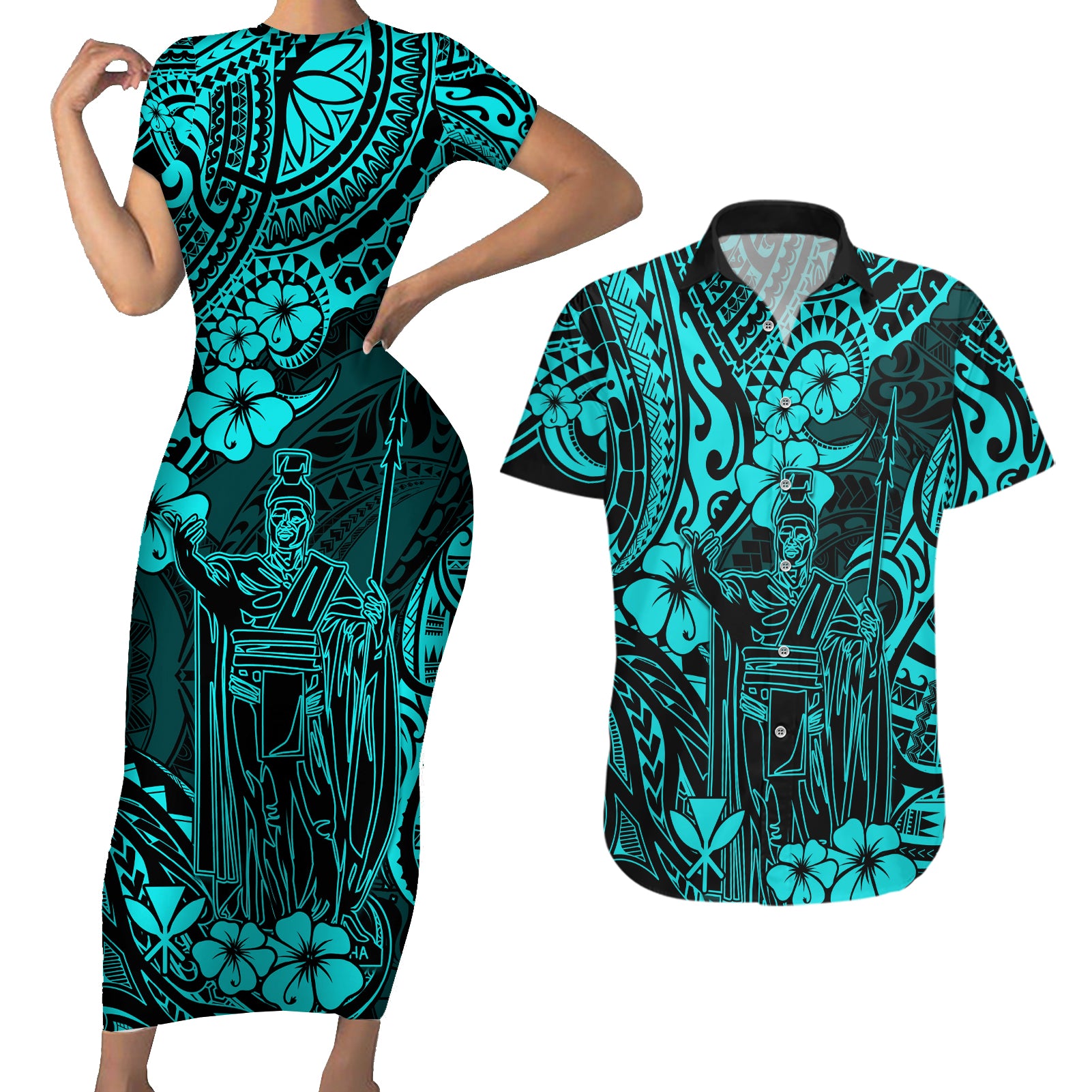 Hawaii King Kamehameha Couples Matching Short Sleeve Bodycon Dress and Hawaiian Shirt Polynesian Pattern Turquoise Version - Wonder Print Shop