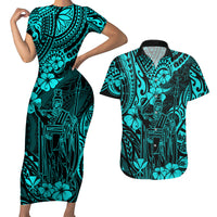 Hawaii King Kamehameha Couples Matching Short Sleeve Bodycon Dress and Hawaiian Shirt Polynesian Pattern Turquoise Version - Wonder Print Shop