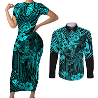 Hawaii King Kamehameha Couples Matching Short Sleeve Bodycon Dress and Long Sleeve Button Shirts Polynesian Pattern Turquoise Version - Wonder Print Shop