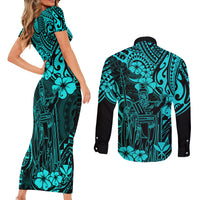 Hawaii King Kamehameha Couples Matching Short Sleeve Bodycon Dress and Long Sleeve Button Shirts Polynesian Pattern Turquoise Version - Wonder Print Shop