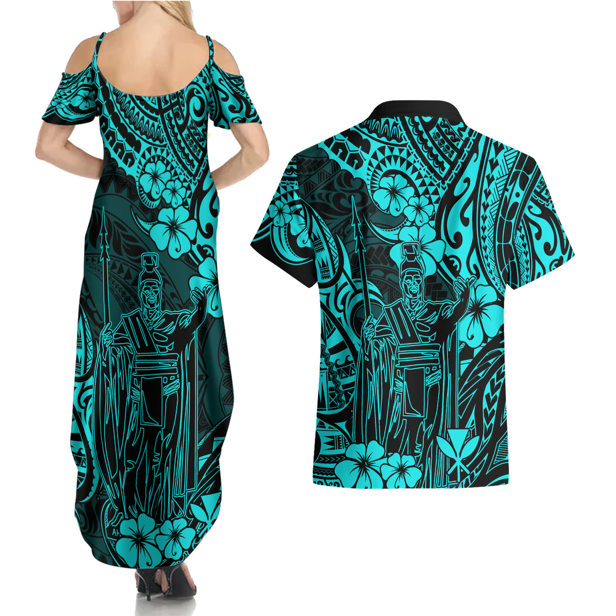 Hawaii King Kamehameha Couples Matching Summer Maxi Dress and Hawaiian Shirt Polynesian Pattern Turquoise Version - Wonder Print Shop