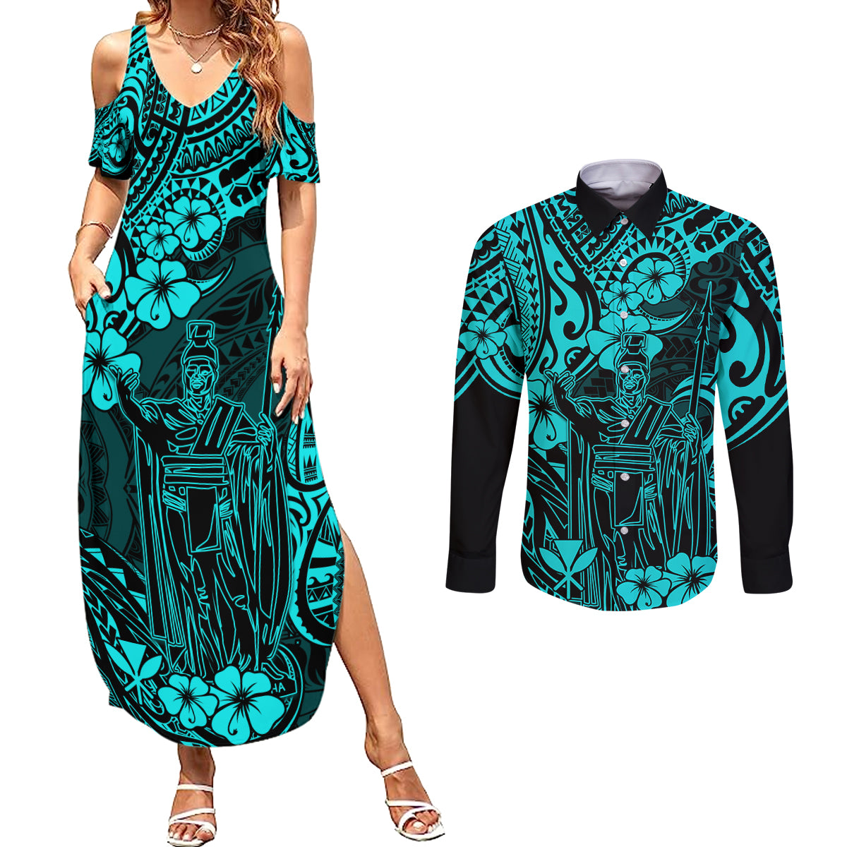 Hawaii King Kamehameha Couples Matching Summer Maxi Dress and Long Sleeve Button Shirts Polynesian Pattern Turquoise Version - Wonder Print Shop