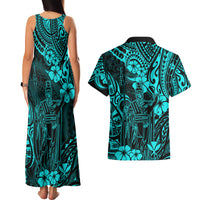 Hawaii King Kamehameha Couples Matching Tank Maxi Dress and Hawaiian Shirt Polynesian Pattern Turquoise Version - Wonder Print Shop
