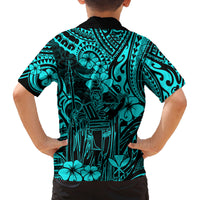 Hawaii King Kamehameha Family Matching Long Sleeve Bodycon Dress and Hawaiian Shirt Polynesian Pattern Turquoise Version - Wonder Print Shop