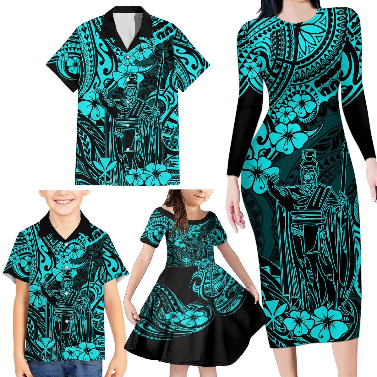 Hawaii King Kamehameha Family Matching Long Sleeve Bodycon Dress and Hawaiian Shirt Polynesian Pattern Turquoise Version - Wonder Print Shop